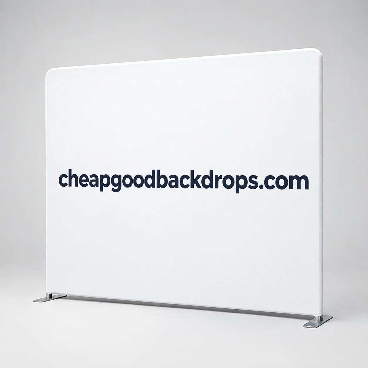 Illustrative straight tension fabric backdrop with cheapgoodbackdrops.com artwork and two metal stabilising feet